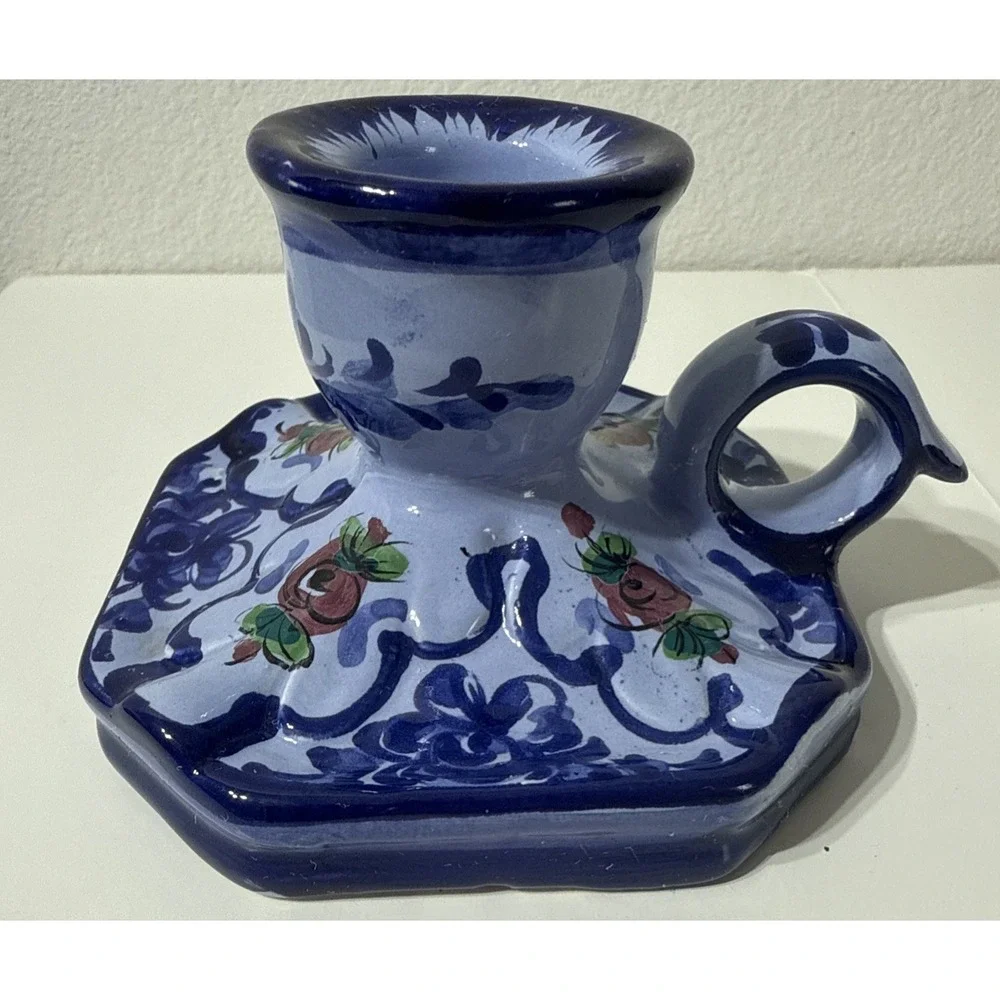 Vintage Portugal Hand Painted Ceramic Single Candle Holder Signed Handpainted‎